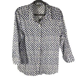 Linen Blend button up Shirt Hester & Orchard Blue Dot Pattern 3/4 sleeve size L
